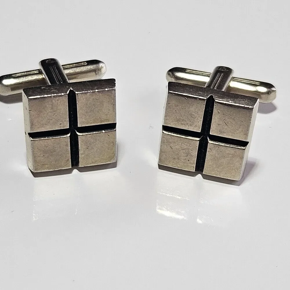 Vintage Hickok Cuff Links Set Silver Tone With Black Square